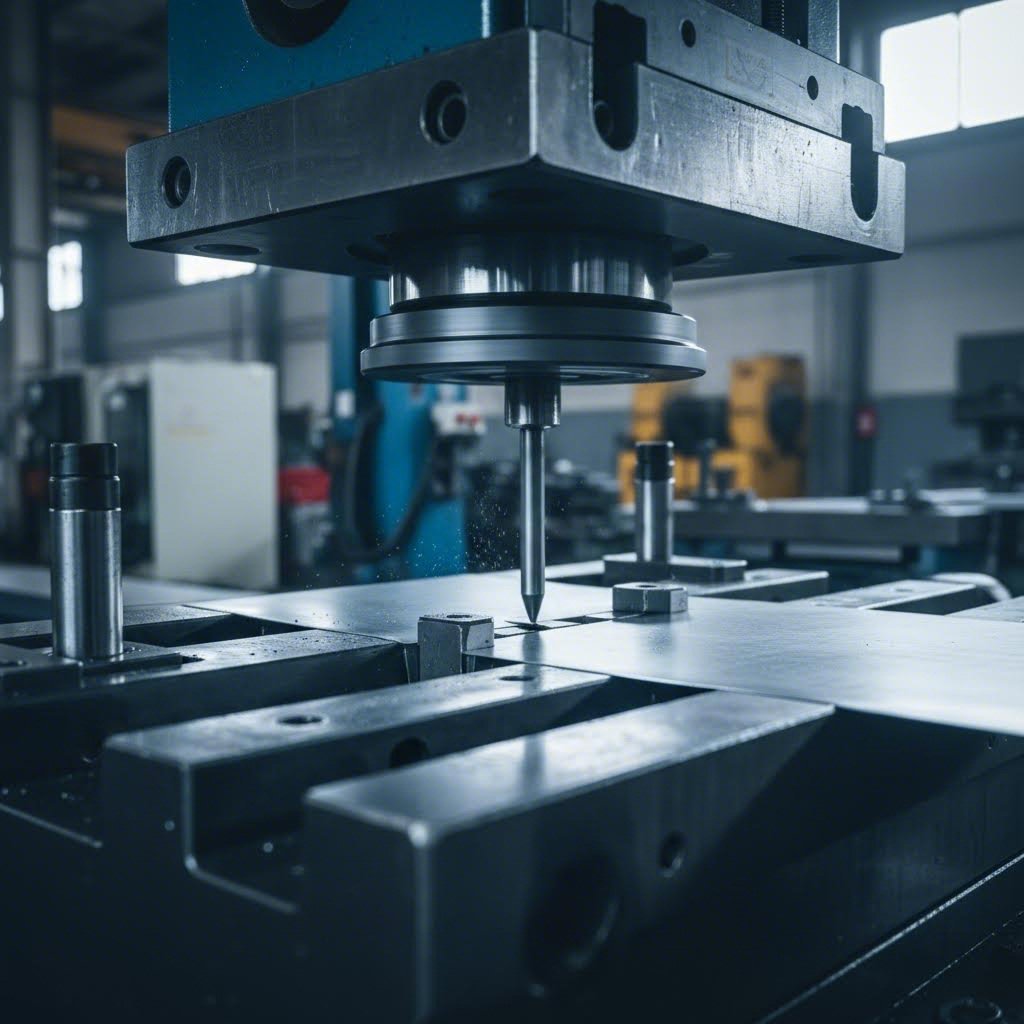 compound die performing simultaneous blanking and piercing operations in a single press stroke