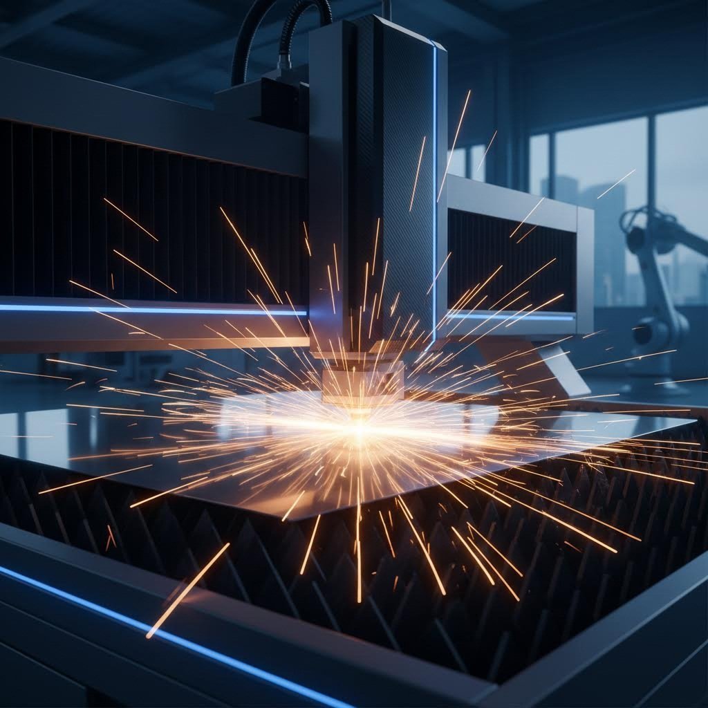 fiber laser cutting machine precisely slicing through metal sheet with bright sparks