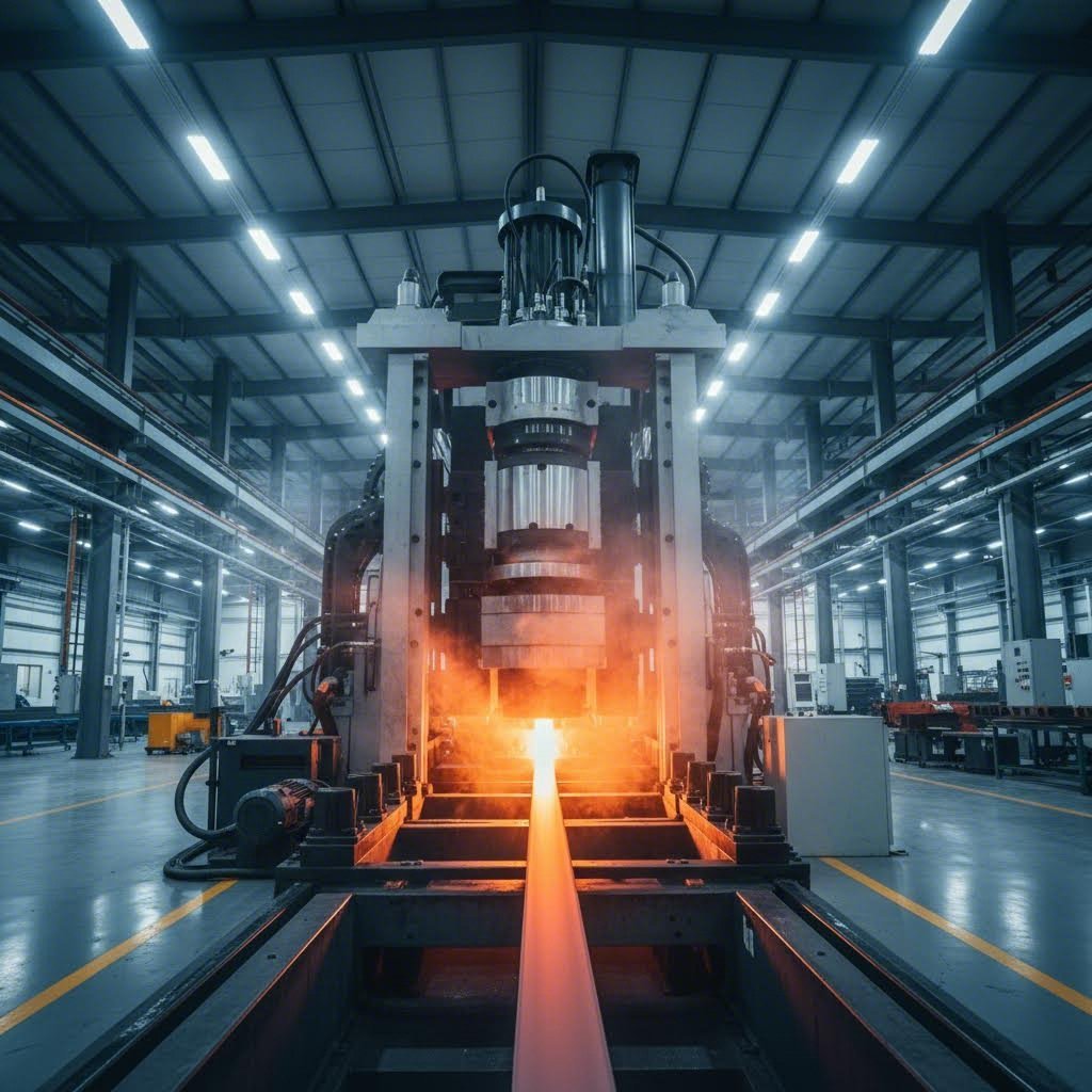 modern aluminum extrusion press transforming heated billets into precision profiles