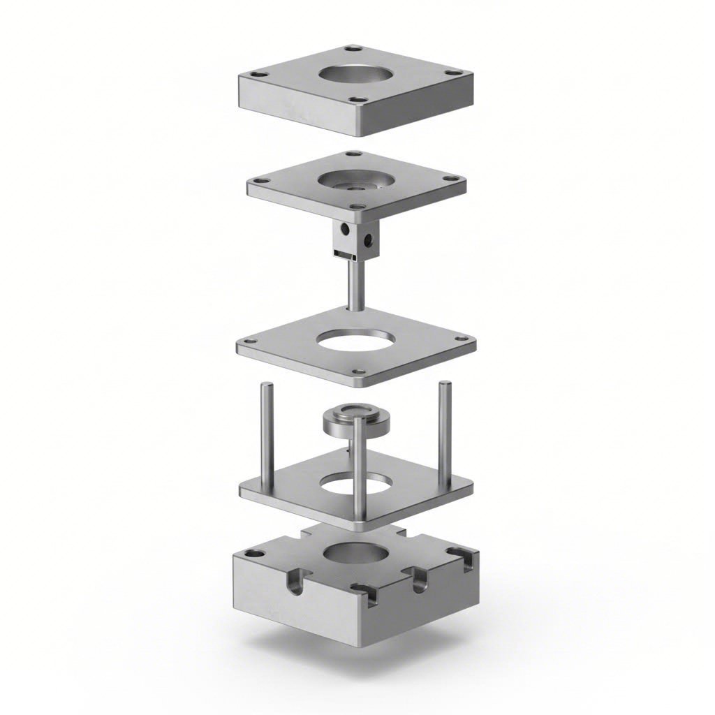 exploded view of mechanical die assembly components and their arrangement