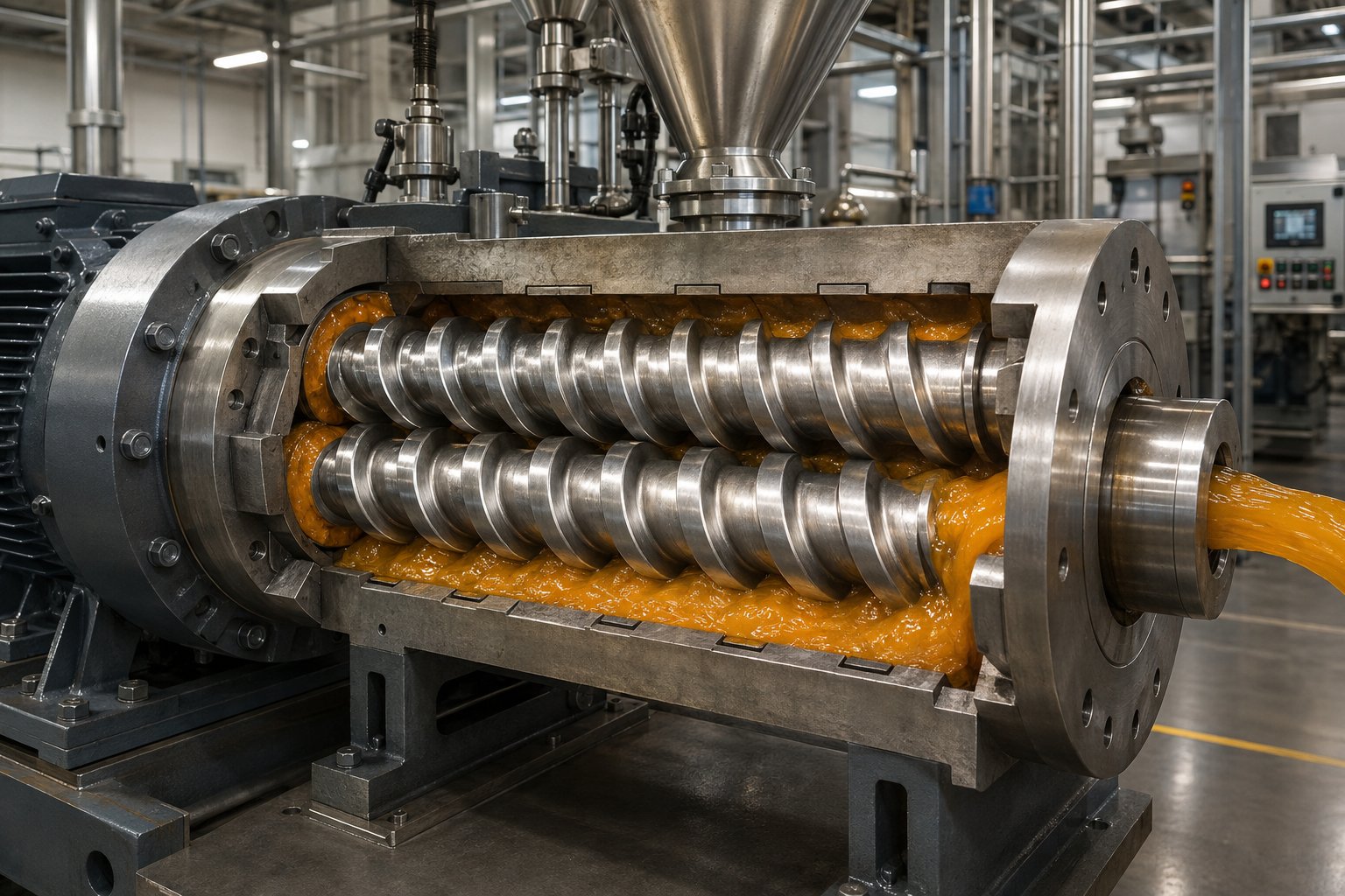 a powder coating twin screw extruder uses intermeshing screws inside a heated barrel to compound thermoset resin formulations into homogeneous molten material