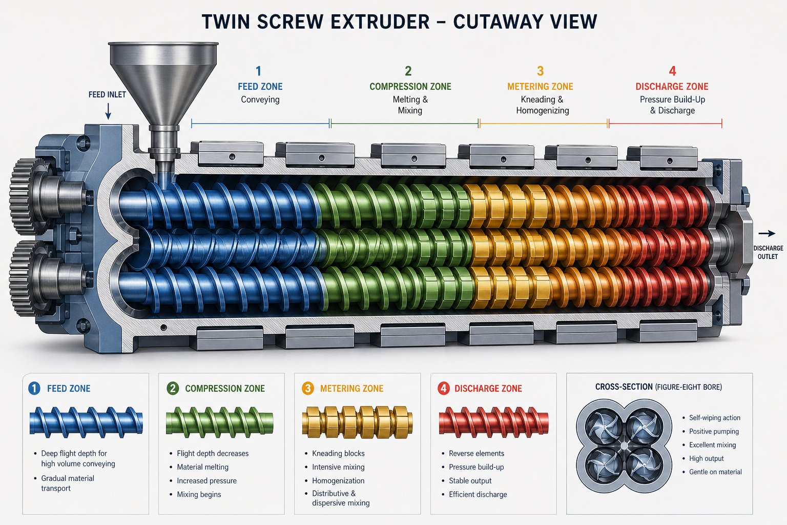 cutaway view of a twin screw extruder barrel showing the progression from feeding zone through melting mixing and discharge zones