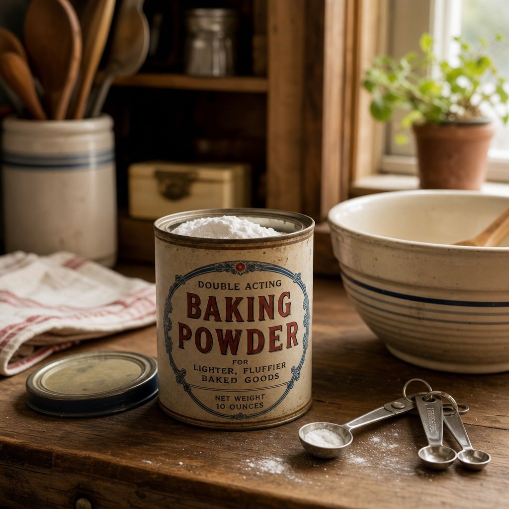 an open can of baking powder on a kitchen counter representing the common moment when bakers question their leavener's freshness