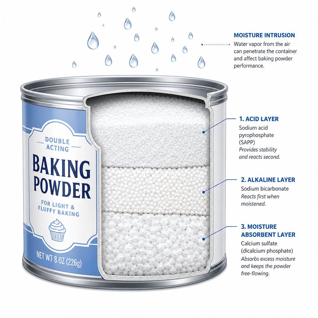 illustration showing how moisture interacts with baking powder's internal components to trigger premature chemical reactions