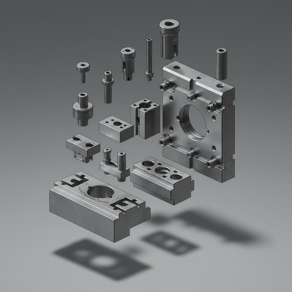 exploded view of precision stamping die assembly showing punch and die components