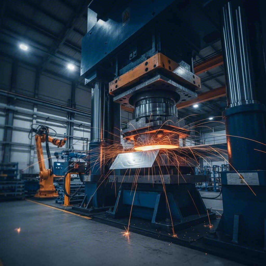 high speed metal stamping press transforming flat sheet metal into precision components