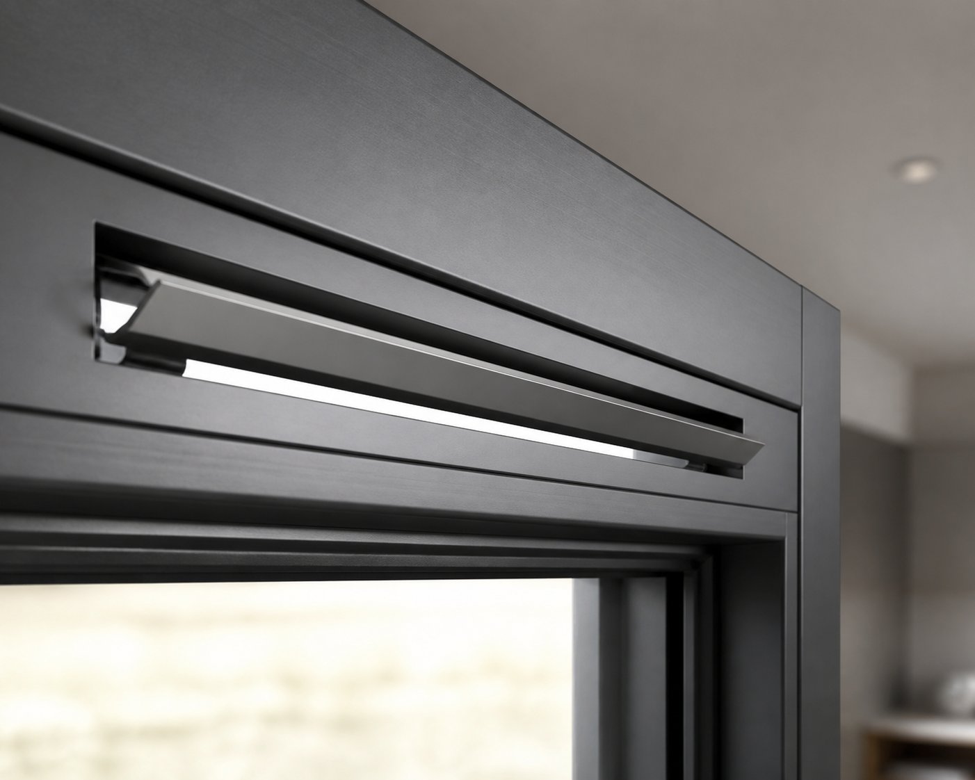 a slim trickle vent integrated into a modern aluminium window frame head showing how controlled background ventilation fits within clean profile sightlines