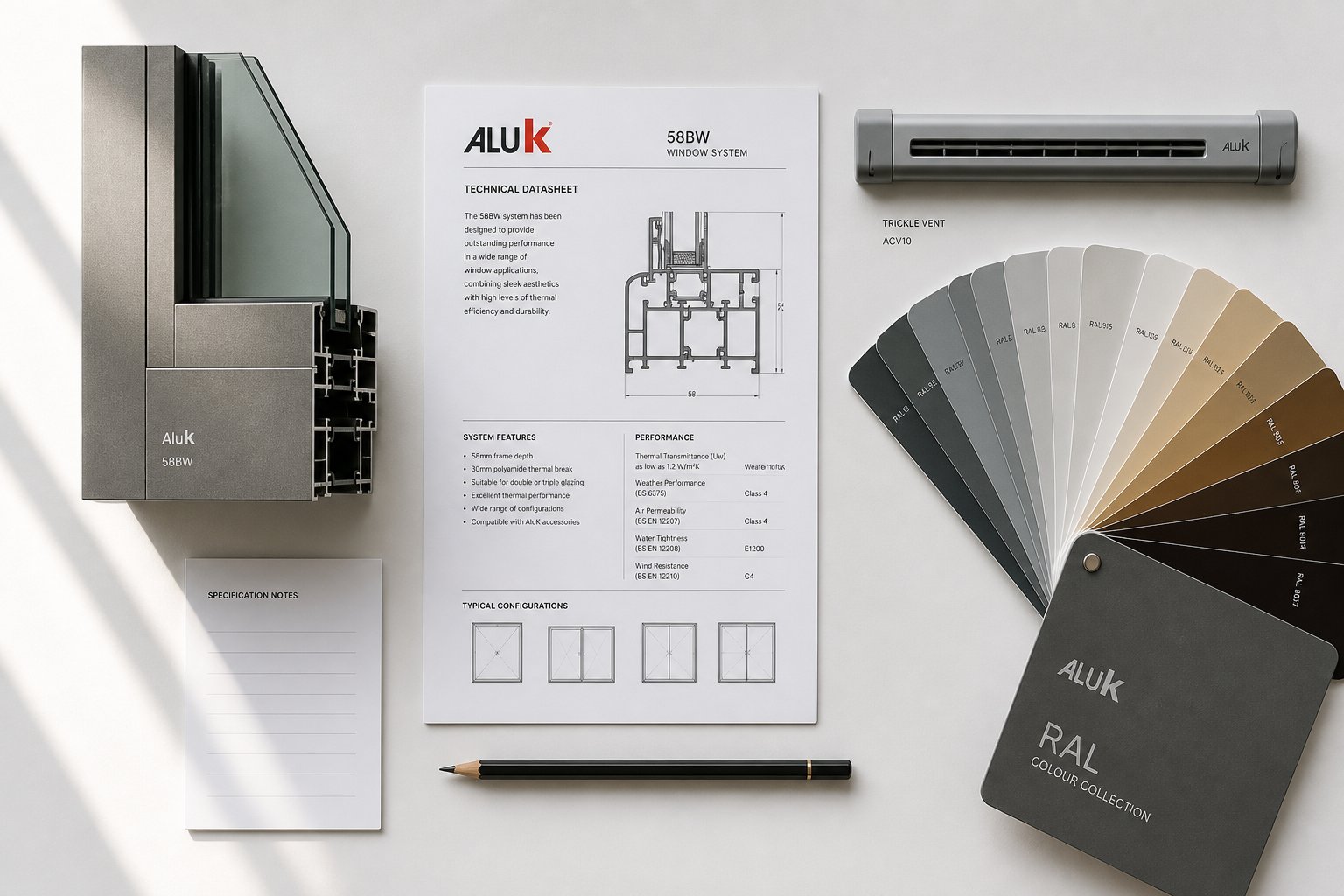 a specifier's workspace with aluminium profile samples vent components and ral colour swatches %E2%80%94 the tools for a methodical trickle vent specification