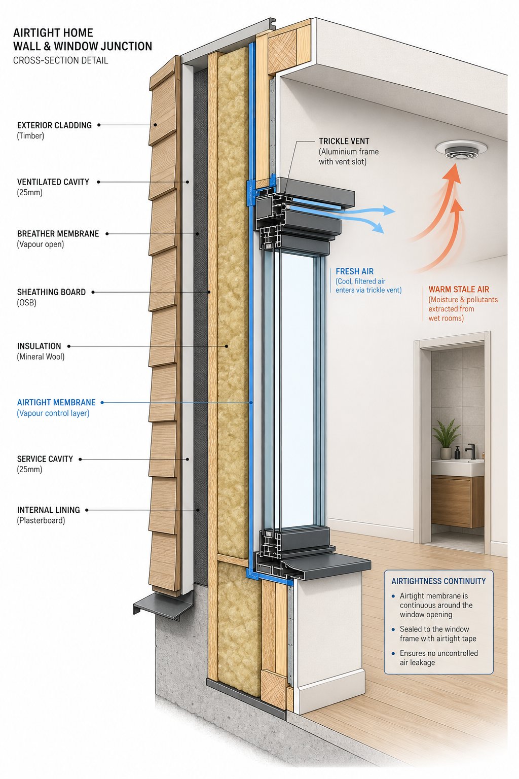 how trickle vents provide controlled background airflow in airtight modern homes where uncontrolled air infiltration is minimised