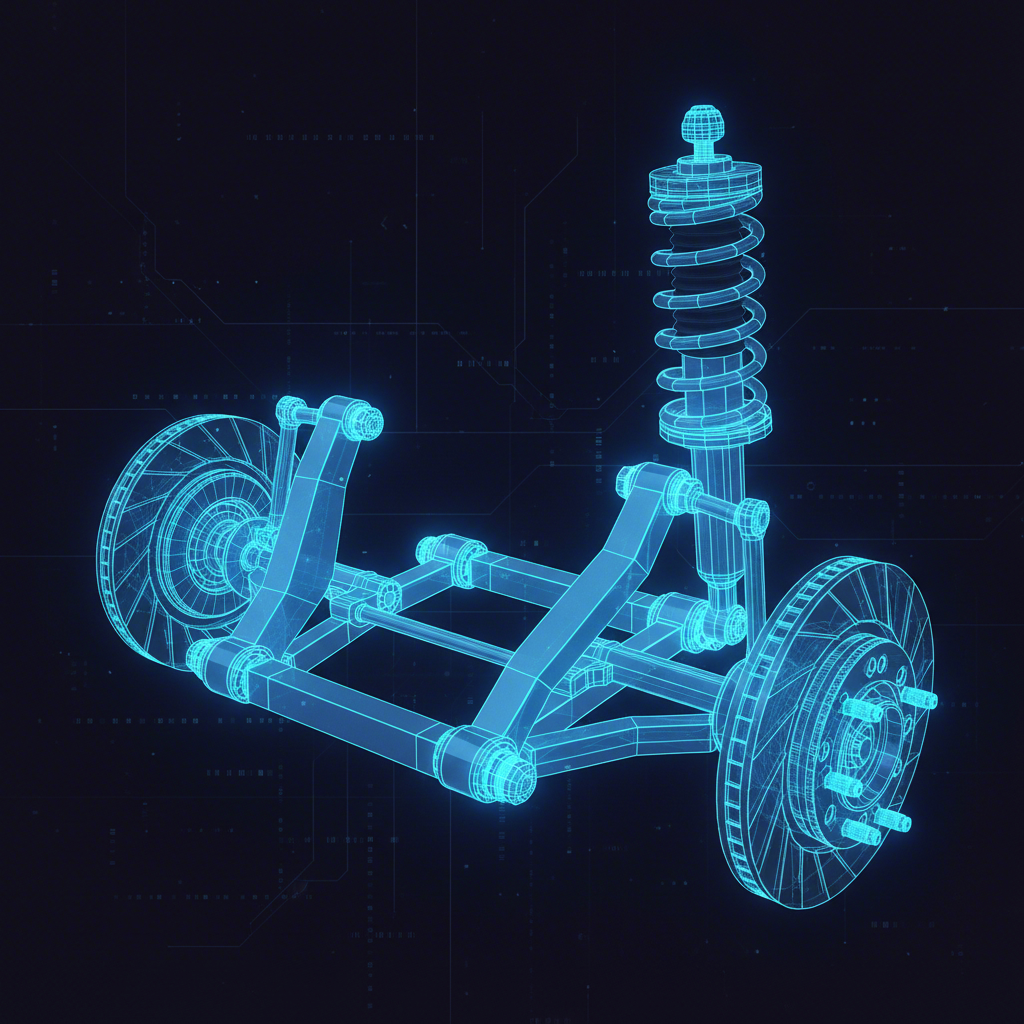 a 3d wireframe illustration of a vehicles suspension highlighting the stamped steel control arm