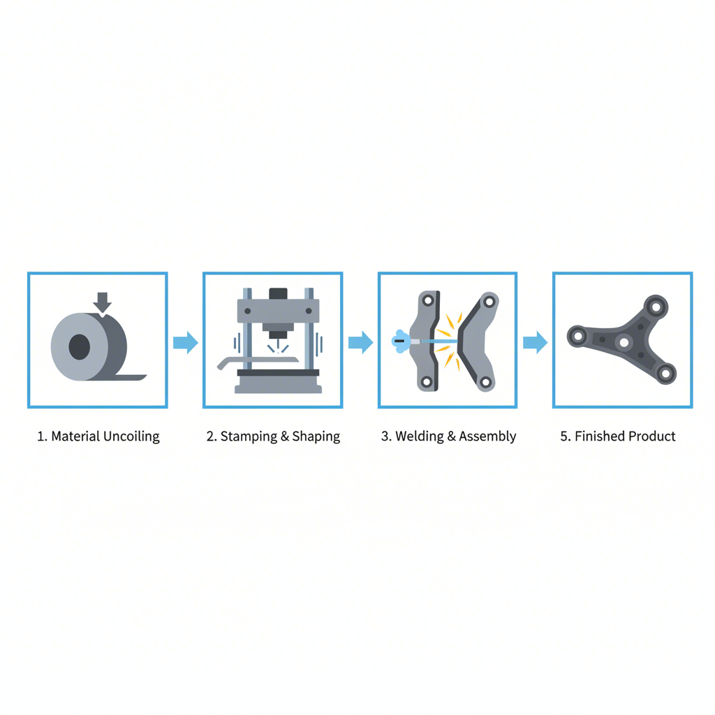 a step by step infographic of the control arm manufacturing process from steel coil to finished part