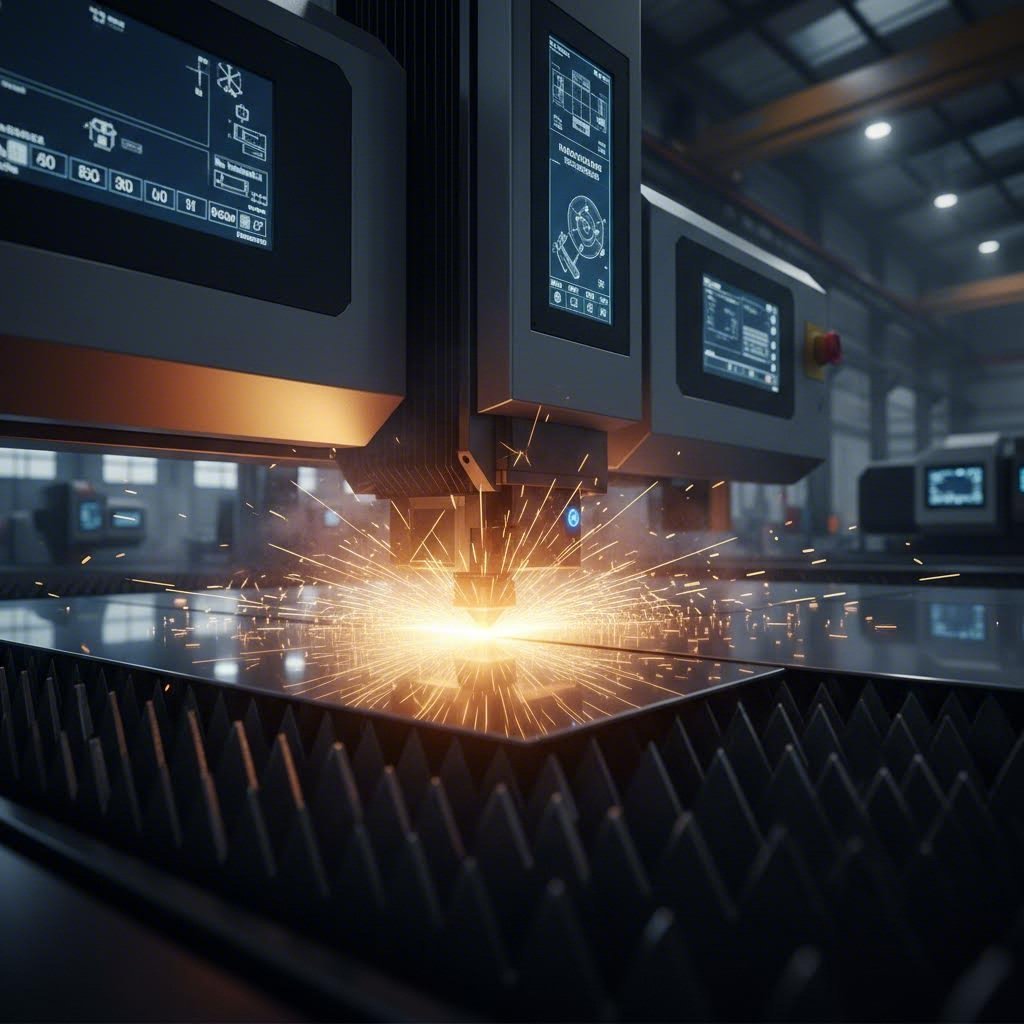 fiber laser cutting machine precisely slicing through steel sheet metal in a modern fabrication facility