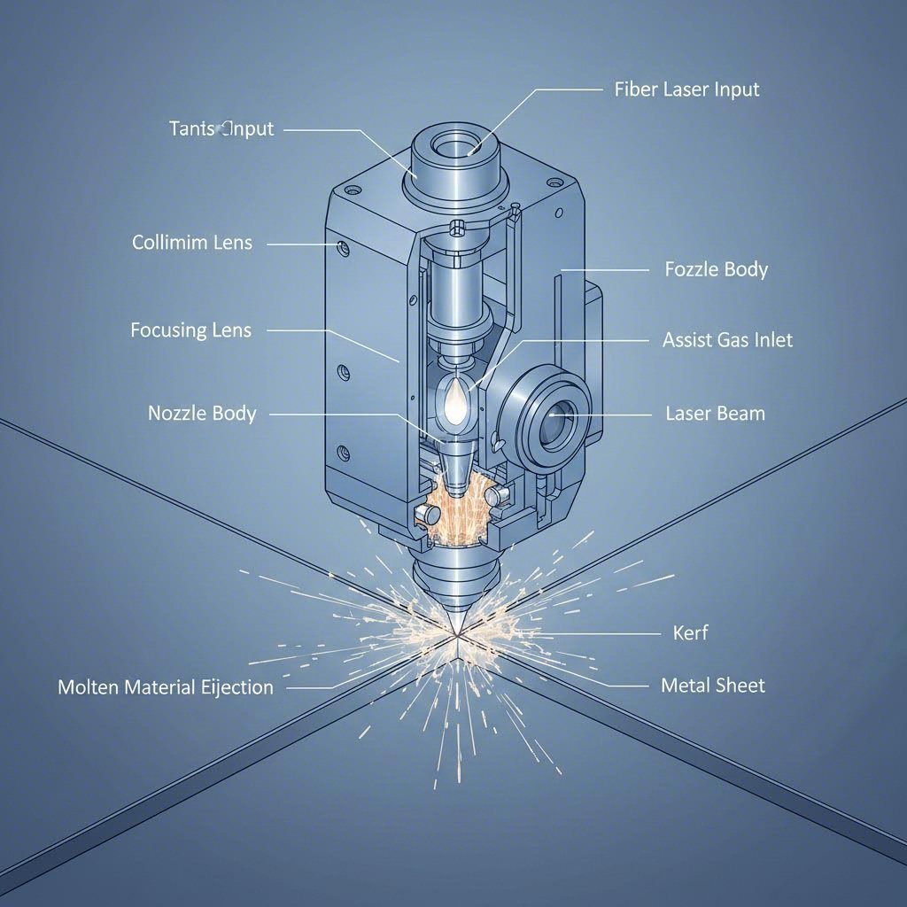 laser cutting head assembly showing beam focus and assist gas flow during metal cutting
