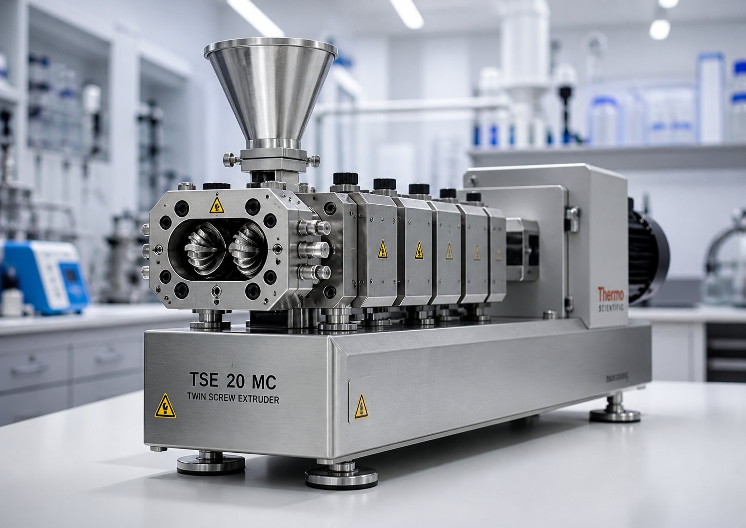 a lab scale twin screw extruder on a research bench showcasing the compact modular design used for small batch formulation development
