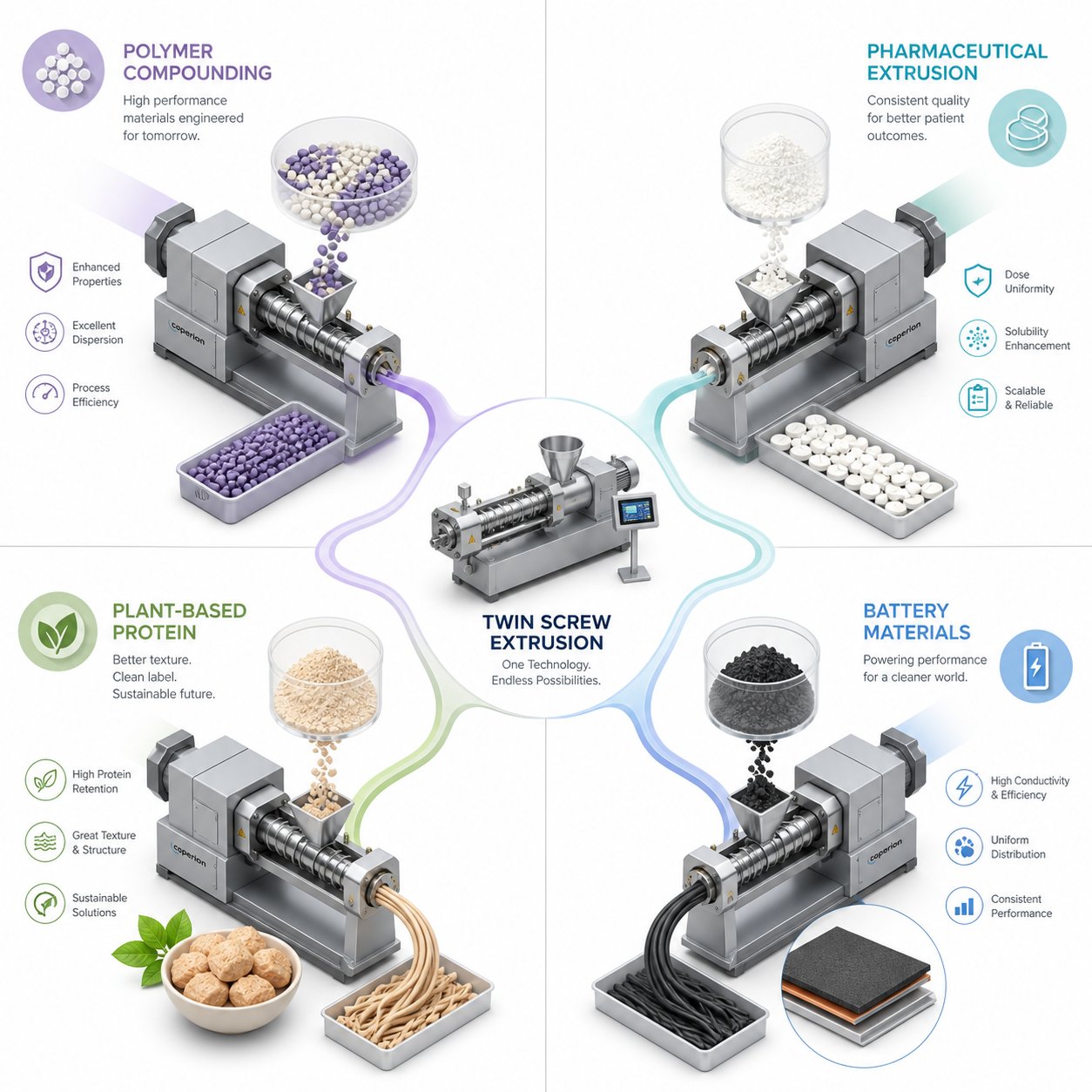 lab scale twin screw extrusion serves diverse industries from polymer compounding and pharmaceuticals to food technology and battery research