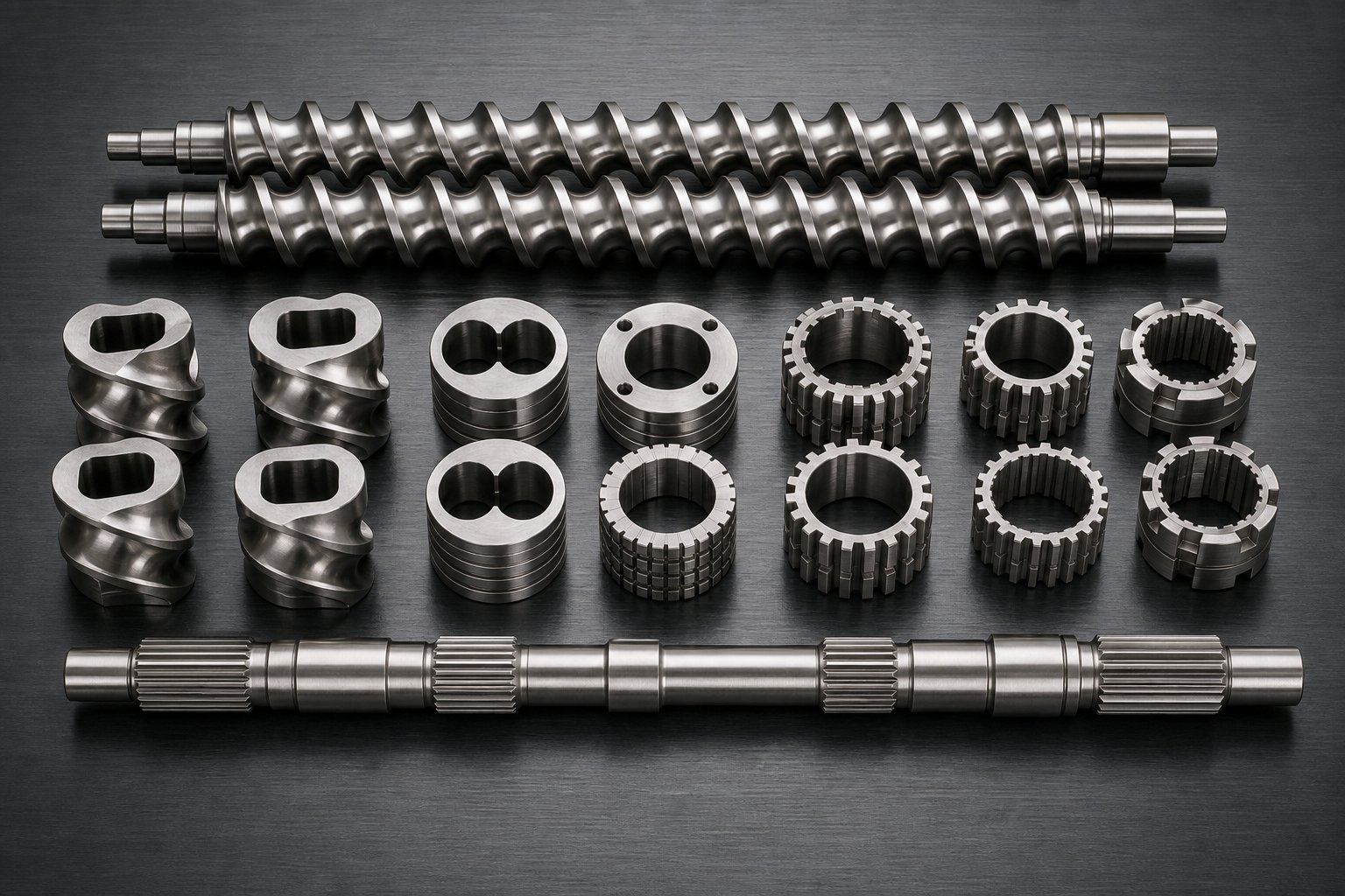 modular screw elements including conveying flights kneading blocks and mixing discs arranged on a splined shaft for custom profile assembly