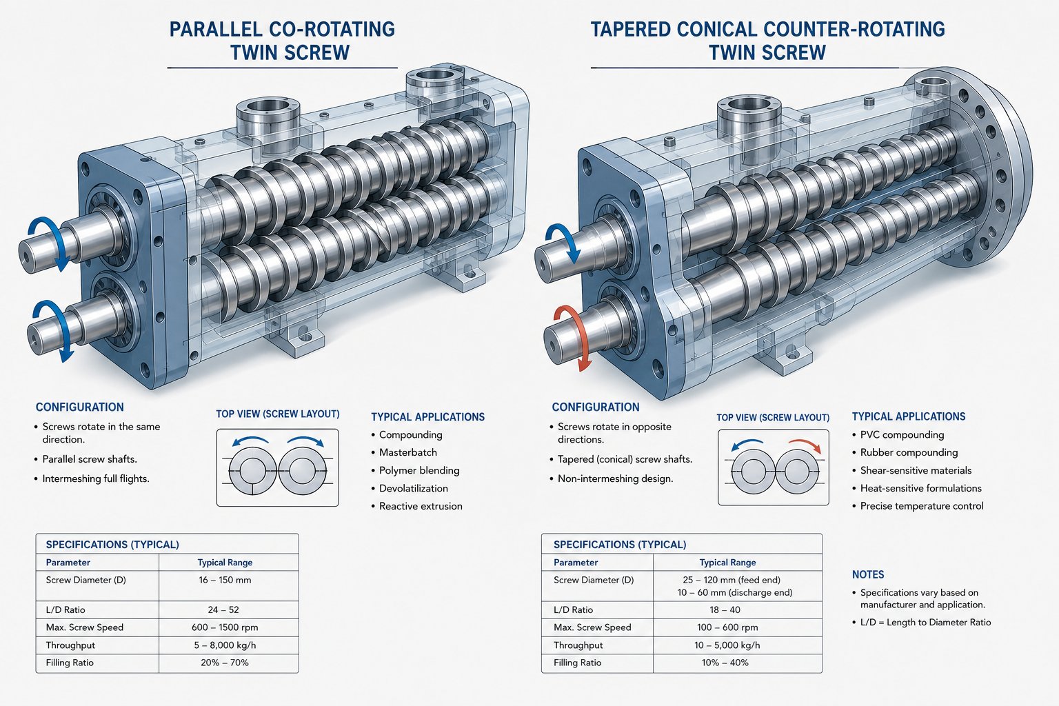 side by side view of co rotating parallel and conical counter rotating twin screw configurations used in lab scale extruders