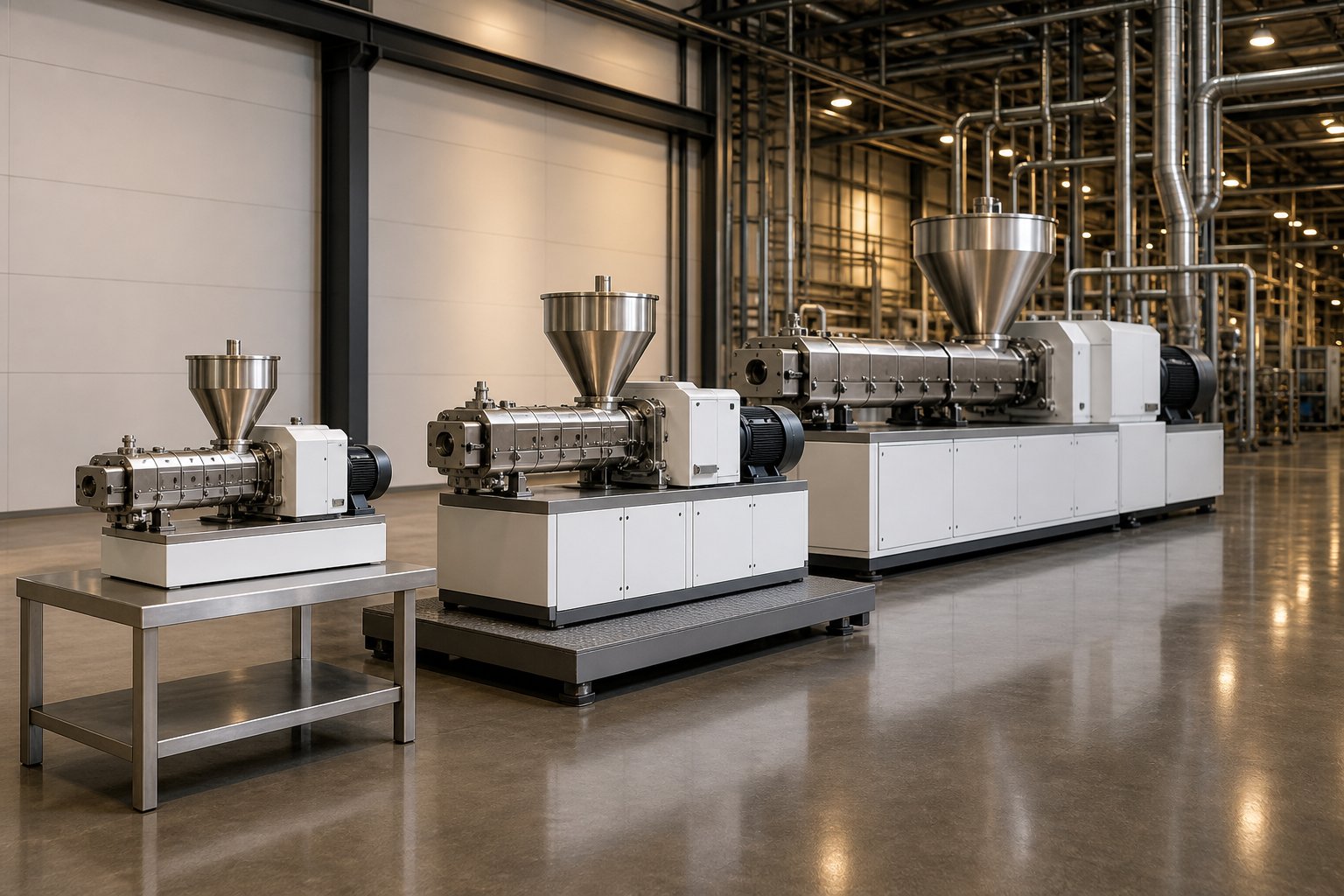 the scale up progression from lab scale to pilot scale to production twin screw extruders illustrating the geometric growth in equipment size
