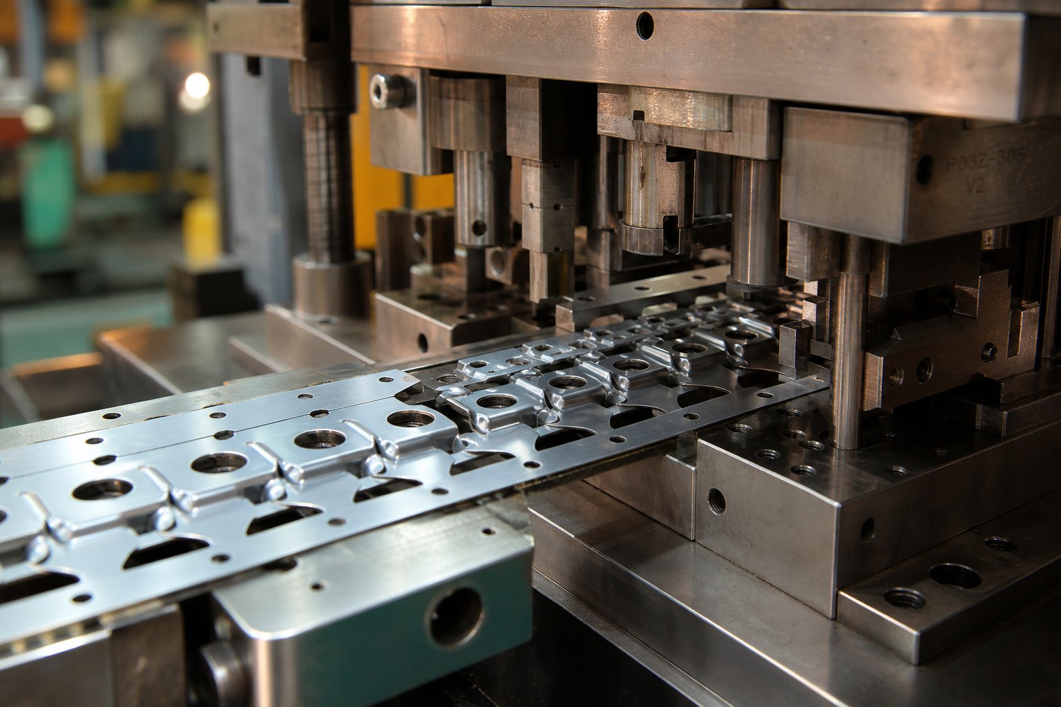 info-1536-1024 a metal strip advances through progressive die stations where each step adds piercing forming or trimming operations