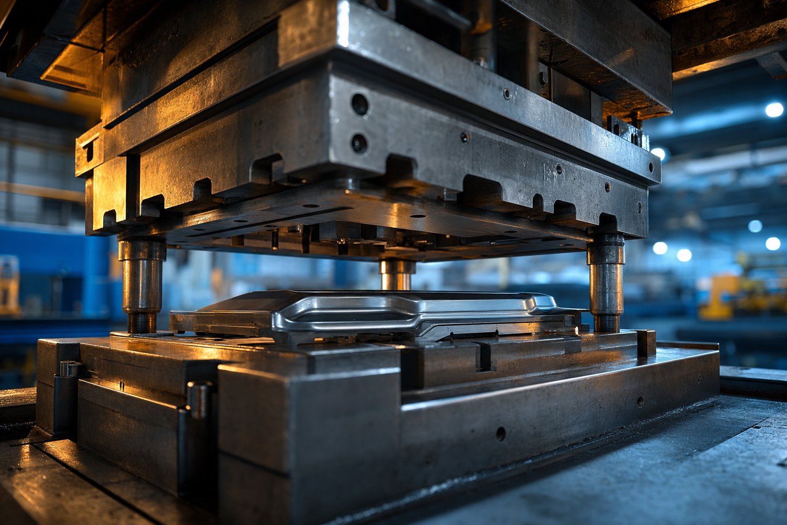 info-1536-1024 an automobile stamping die transforms flat sheet metal into precision vehicle components under tremendous press tonnage