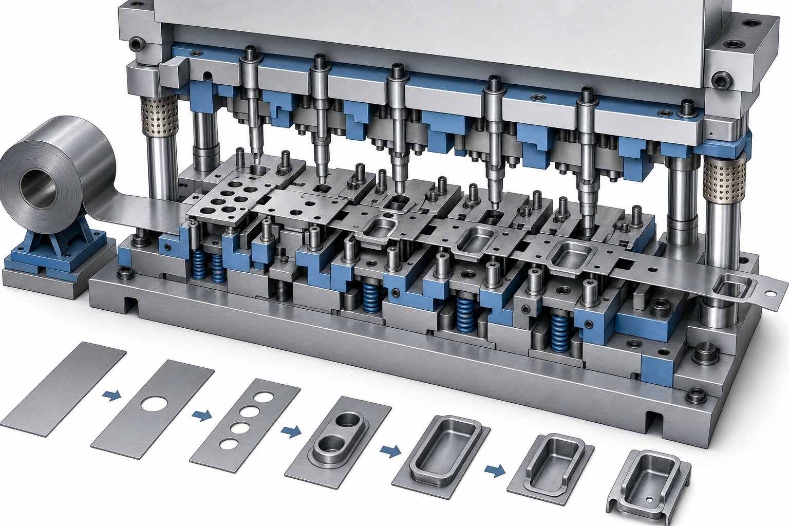 info-1536-1024 progressive stamping dies process a continuous metal strip through multiple forming stations to produce finished automotive parts