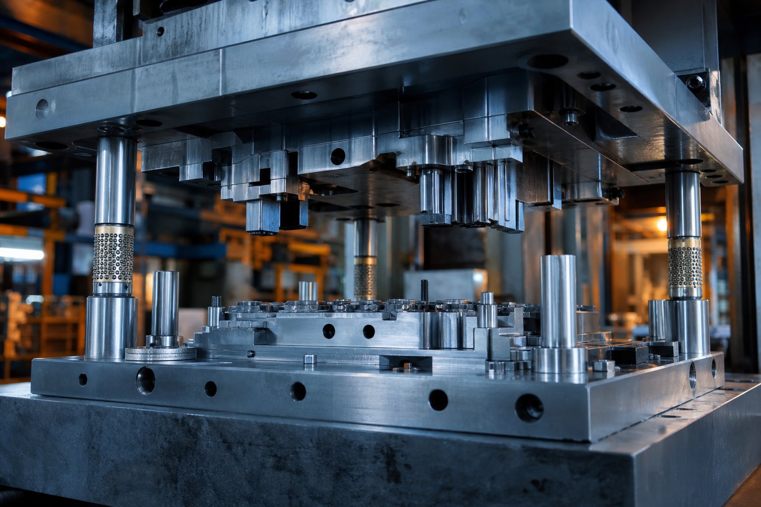 info-1-1 a precision stamping die mounted in a press showing upper and lower assemblies with hardened steel cutting and forming components