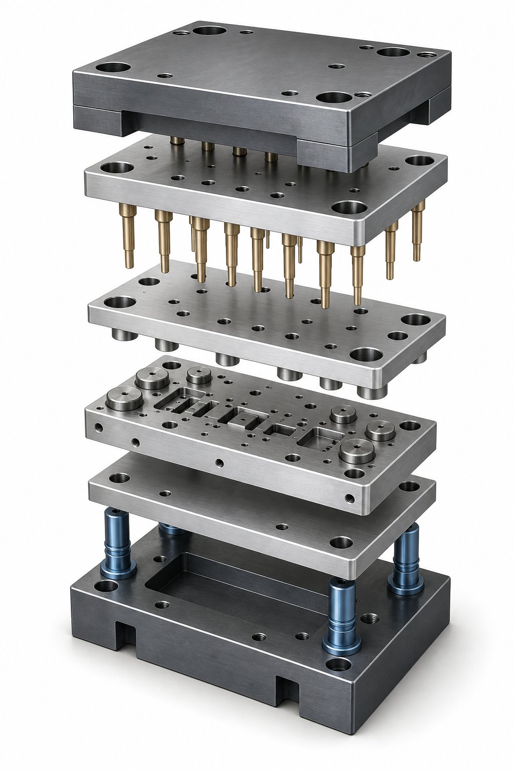 info-1-1 exploded view of a stamping die assembly showing how upper and lower components align during operation