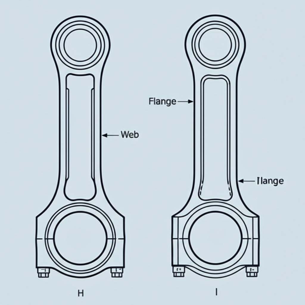 technical diagram comparing the structural design of h beam and i beam connecting rods