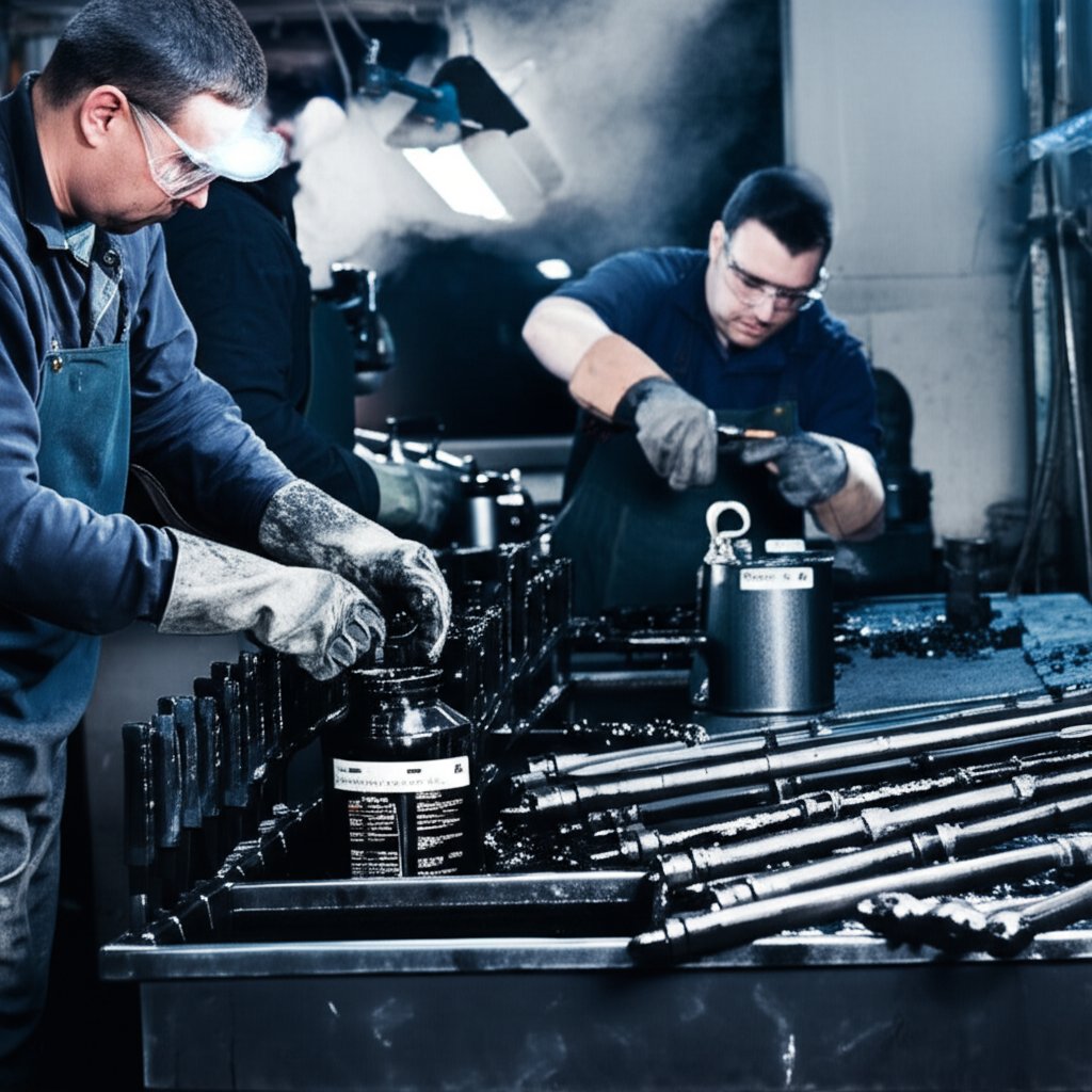 operators applying black oxide coating with strict safety procedures