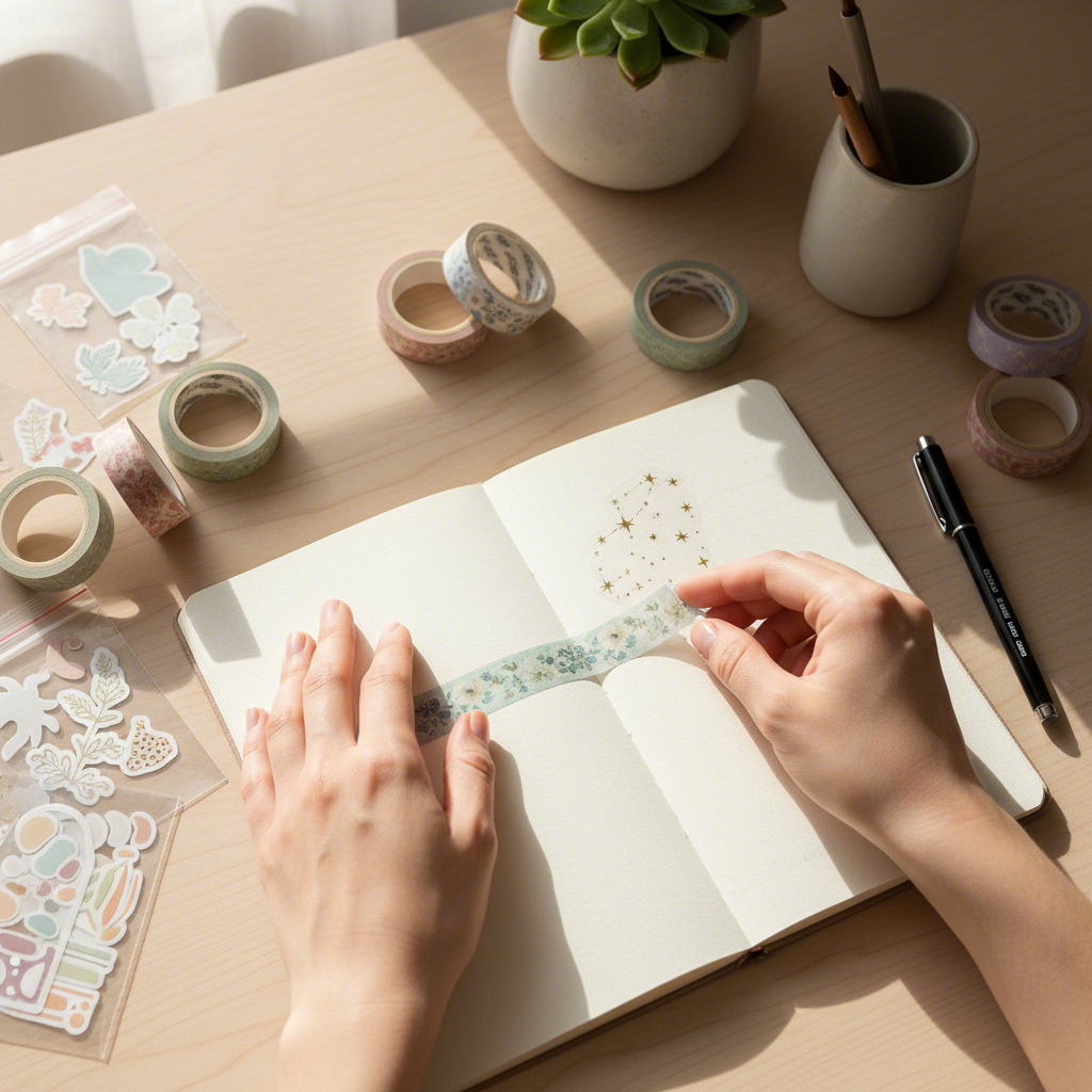 creative journaling with aesthetic washi tape and decorative stickers