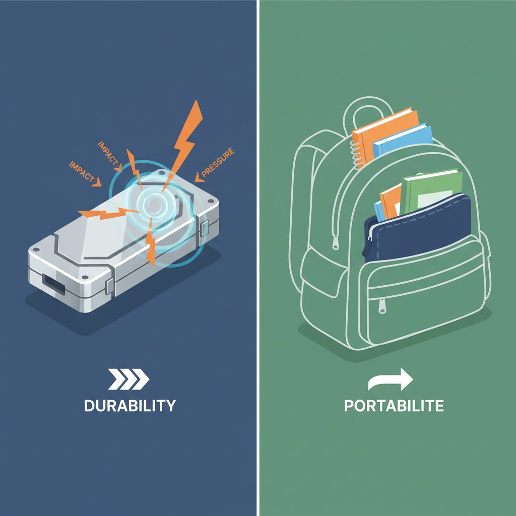 diagram showing a hard case offering protection and a soft pouch offering portability