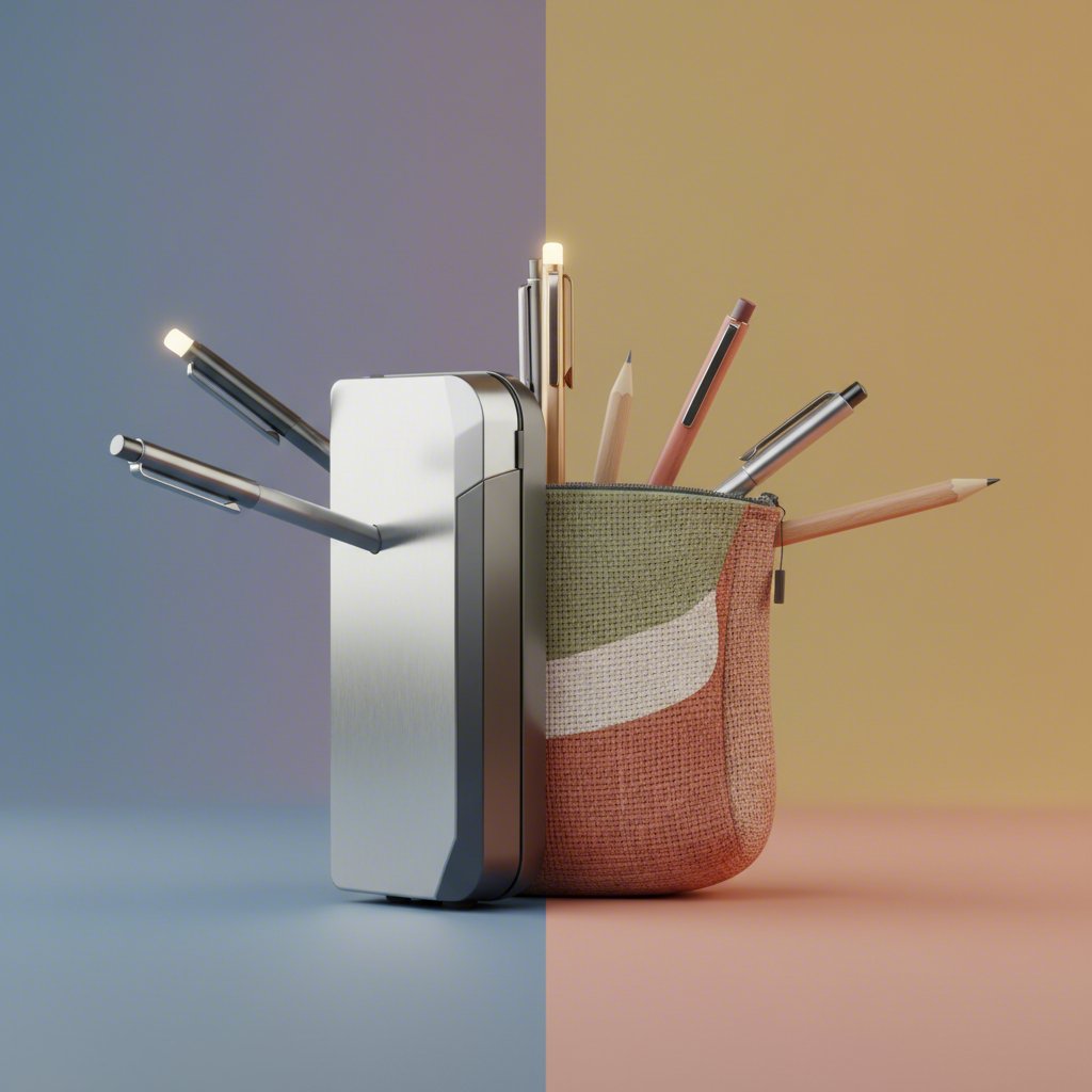stylized comparison of a rigid hard shell pencil case and a flexible soft pouch
