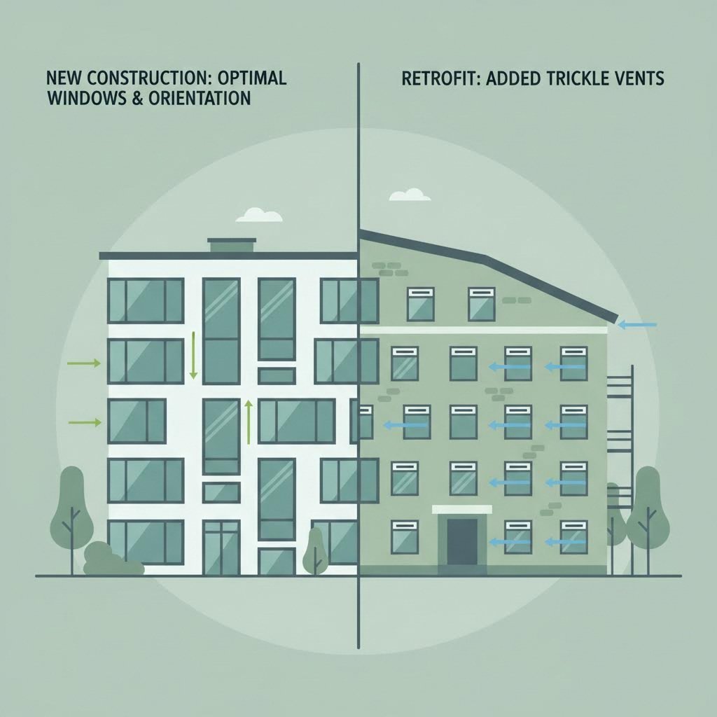 comparing passive ventilation approaches new construction offers design flexibility while retrofits adapt existing structures