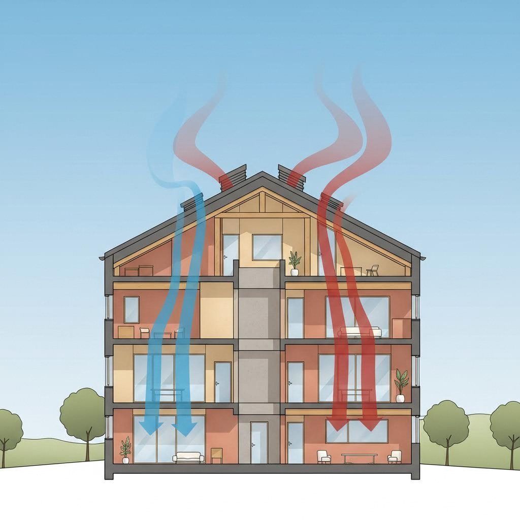 cross section illustration showing how passive ventilation moves air naturally through a building using wind and thermal forces