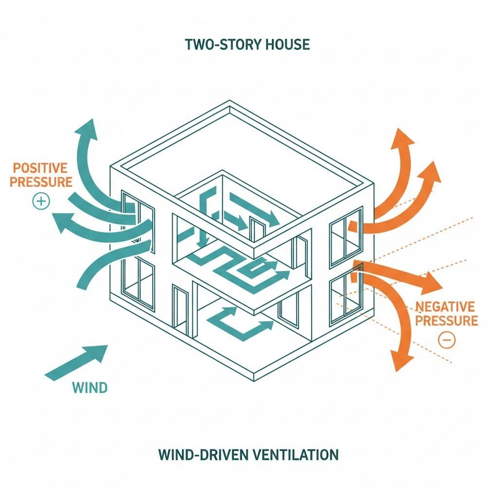 wind driven ventilation creates pressure differentials that naturally push air through strategically placed building openings