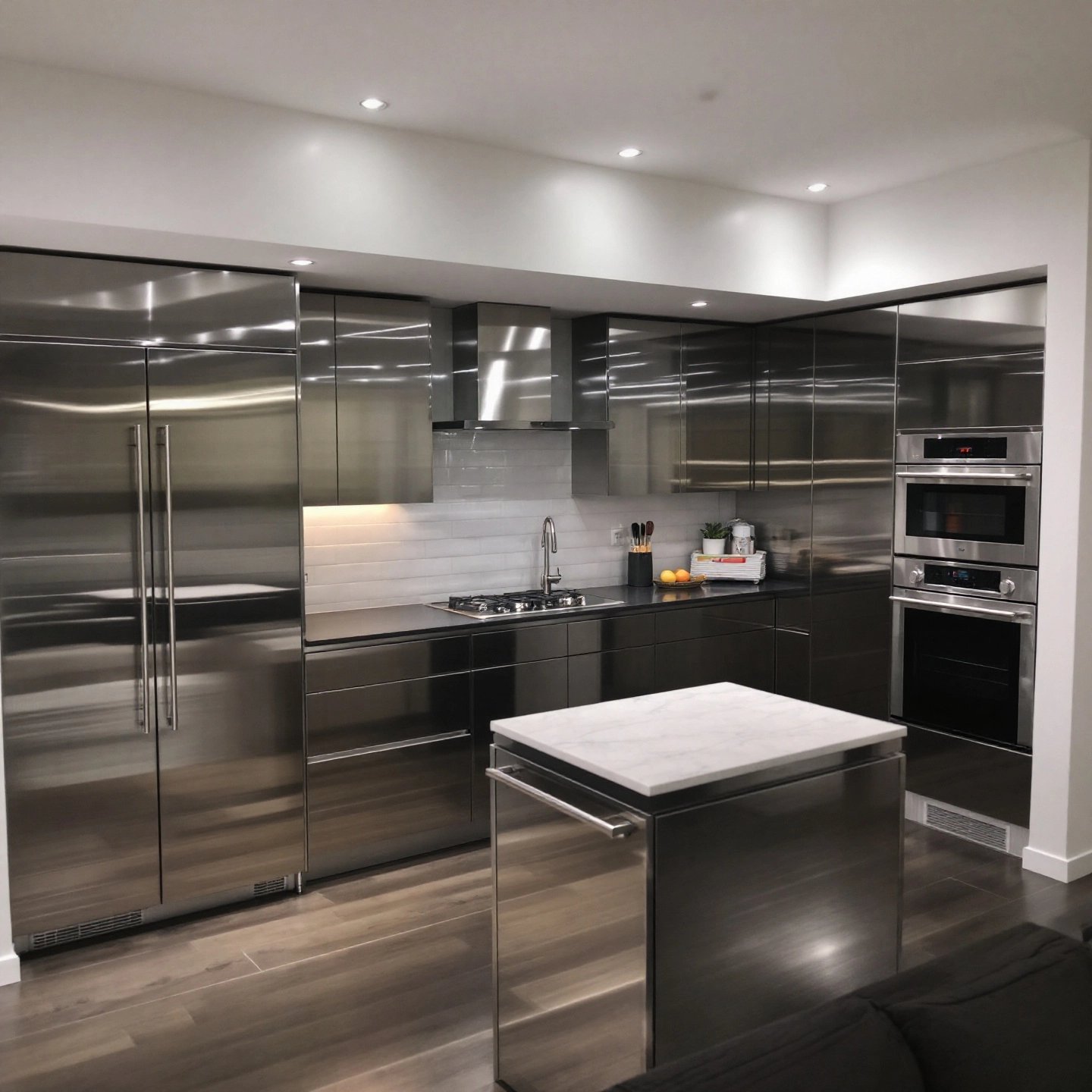 modern kitchen featuring sleek aluminum cabinets