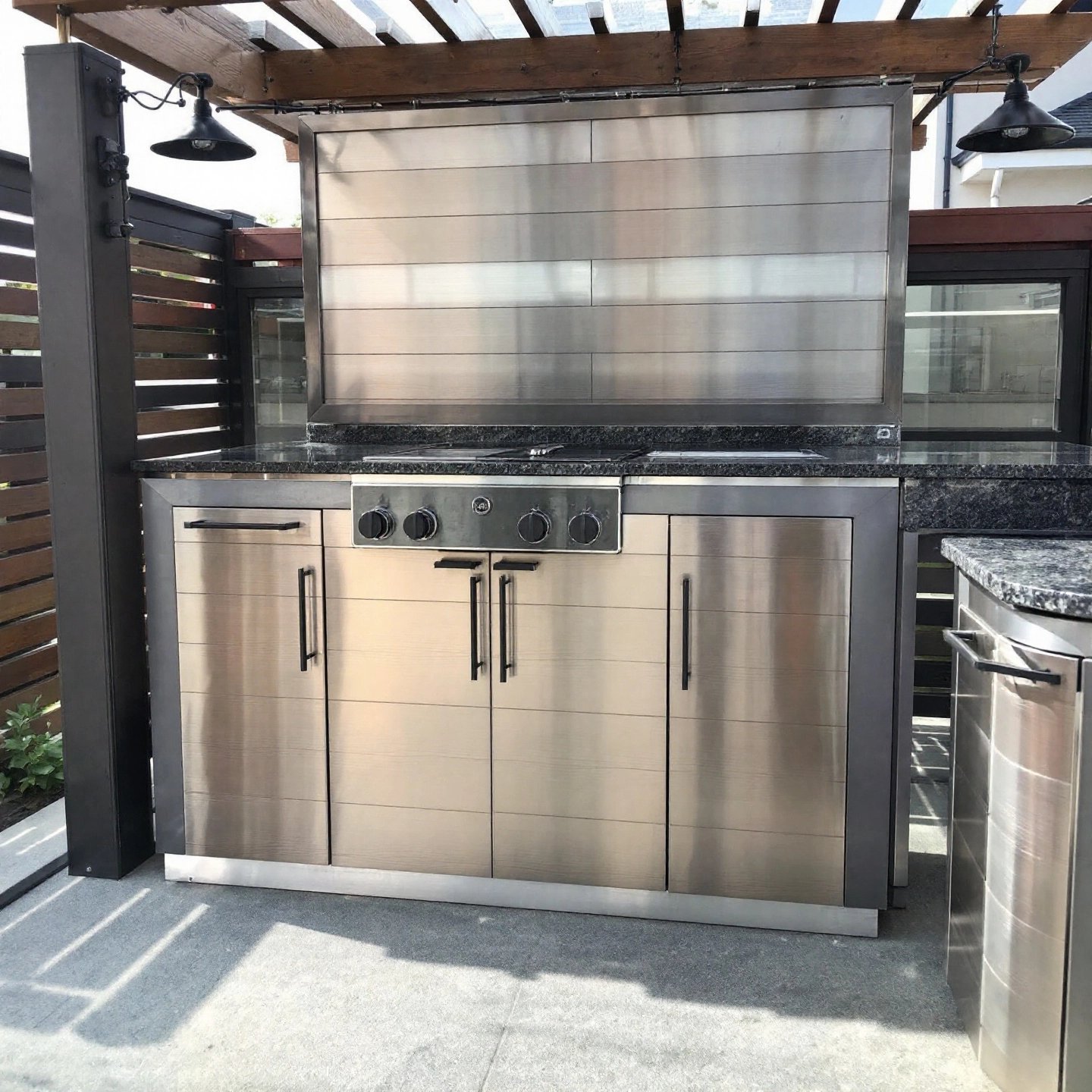 outdoor kitchen with weather resistant aluminum cabinets