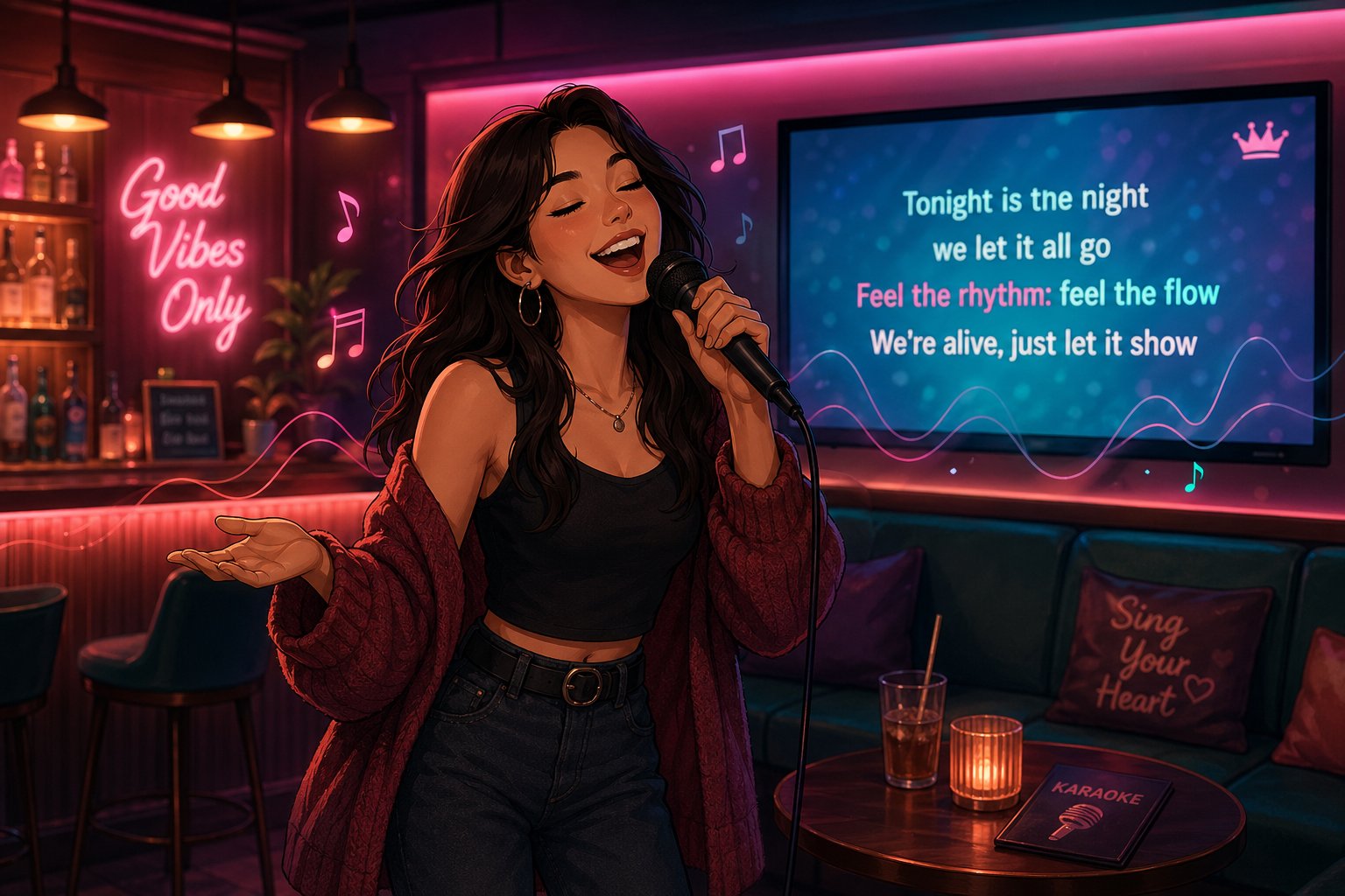 a confident singer performing at a karaoke lounge choosing songs that match a comfortable low vocal range
