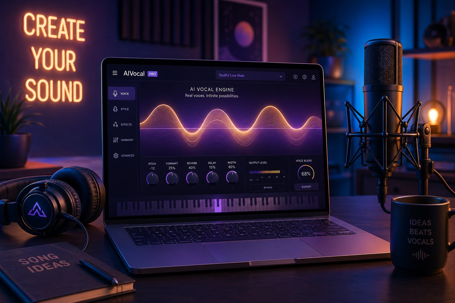 a home studio setup with an ai singing tool displaying low register vocal waveforms on screen