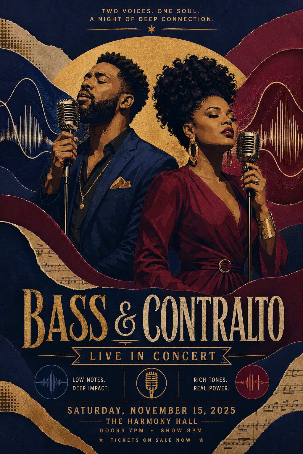 male and female vocalists performing with deep low register voices represented by flowing sound wave patterns