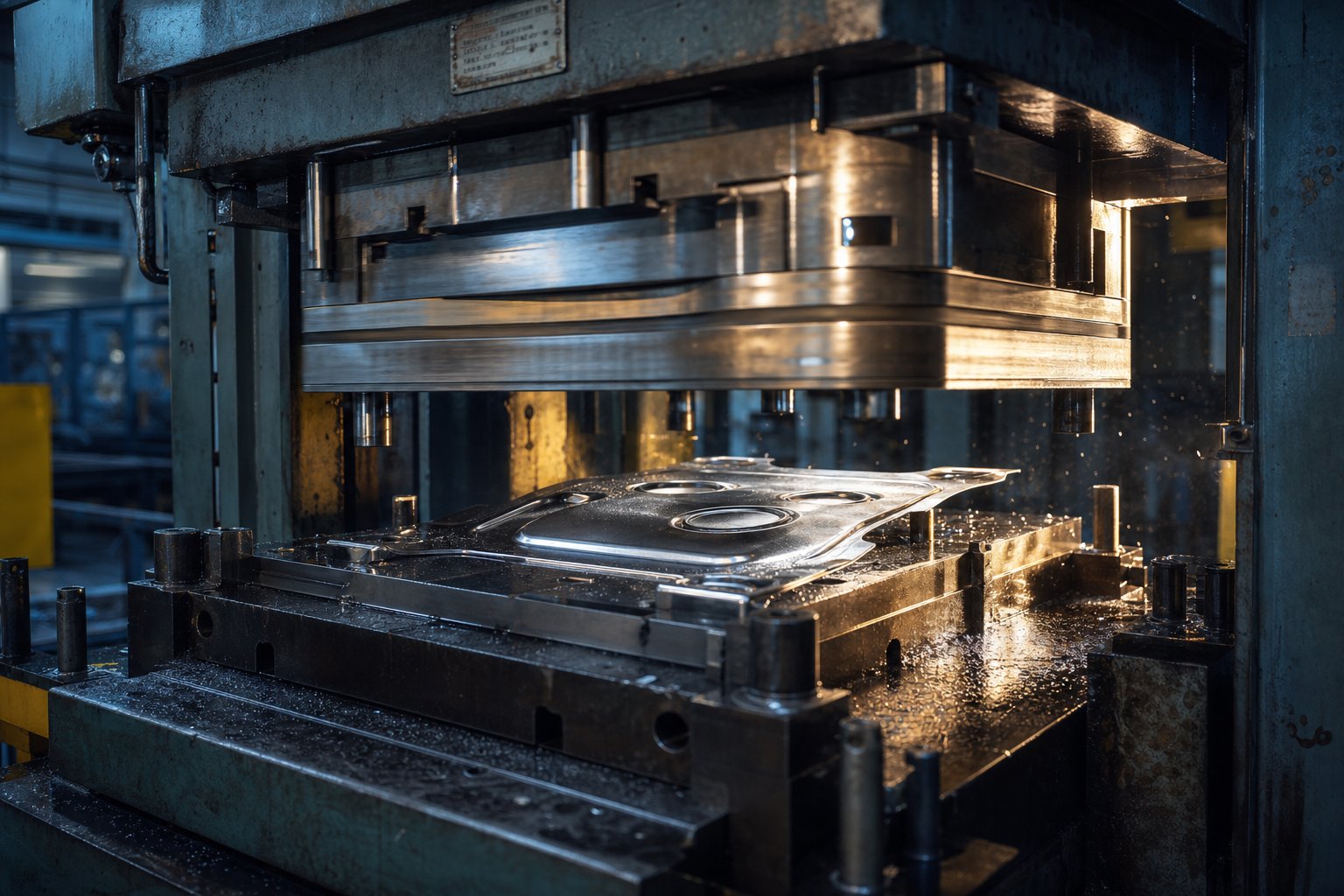 info-1-1 industrial stamping press with precision die tooling shaping sheet metal into finished components