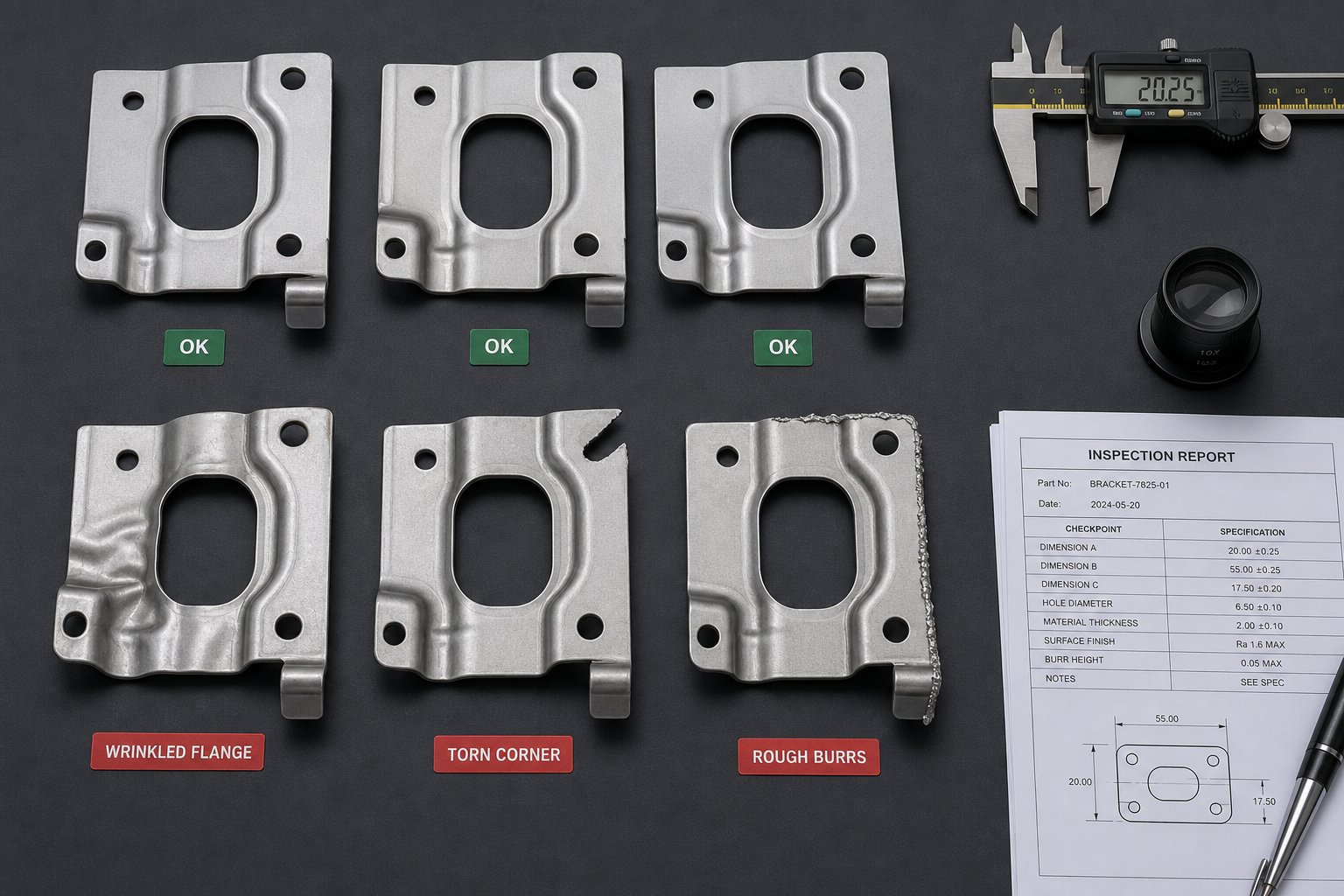 info-1-1 quality inspection of stamped metal parts showing common defects including wrinkling tearing and burr formation