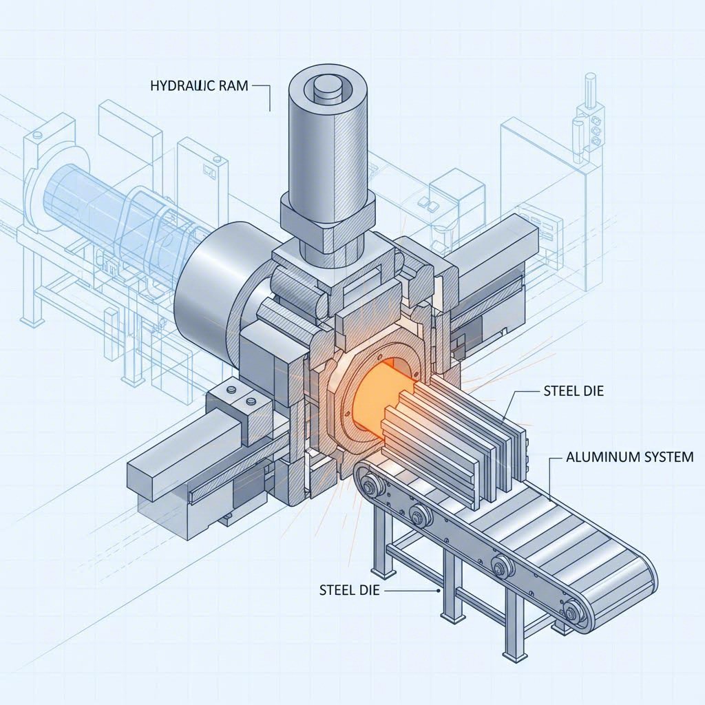 the extrusion press forces heated aluminum through precision dies to create profiles