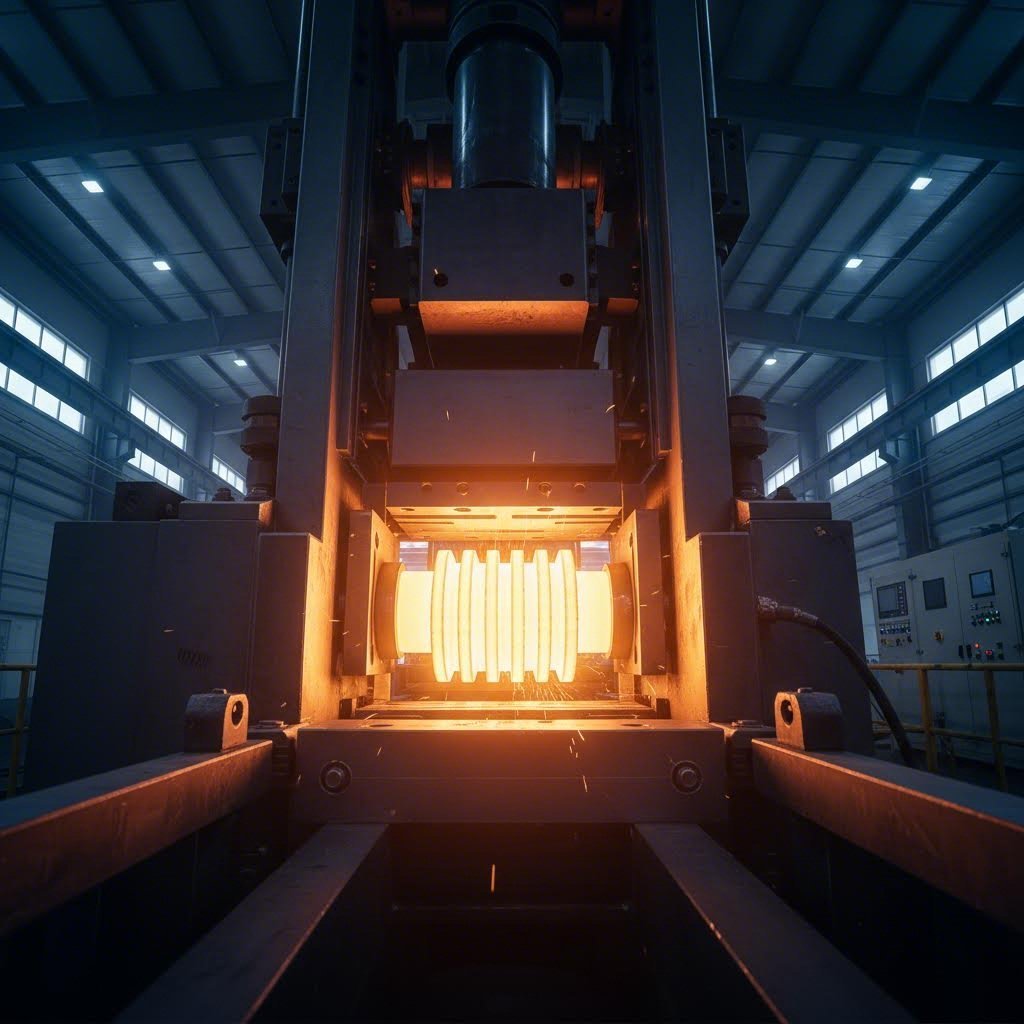 aluminum extrusion process showing heated billet forced through precision die