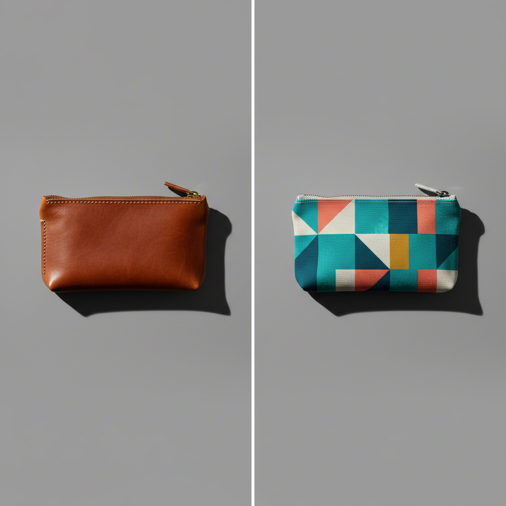 a visual comparison of a textured leather pencil pouch and a smooth patterned canvas pouch