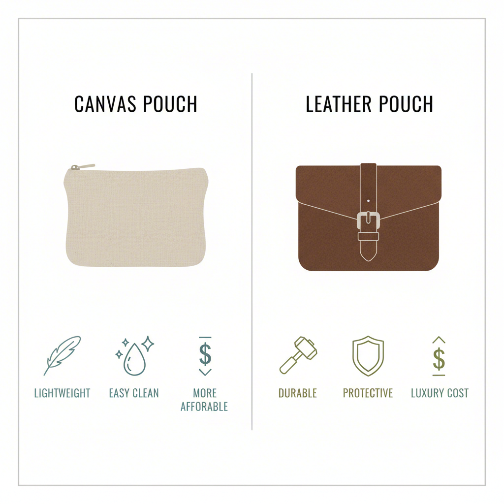 an icon based chart comparing the practical features of canvas and leather pencil pouches