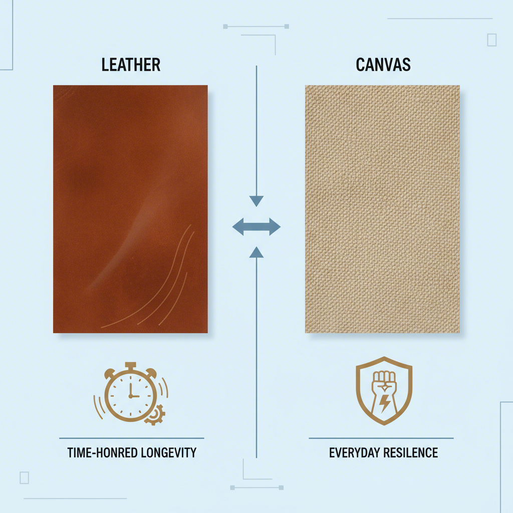 conceptual art showing the long term durability of leather versus the everyday resilience of canvas