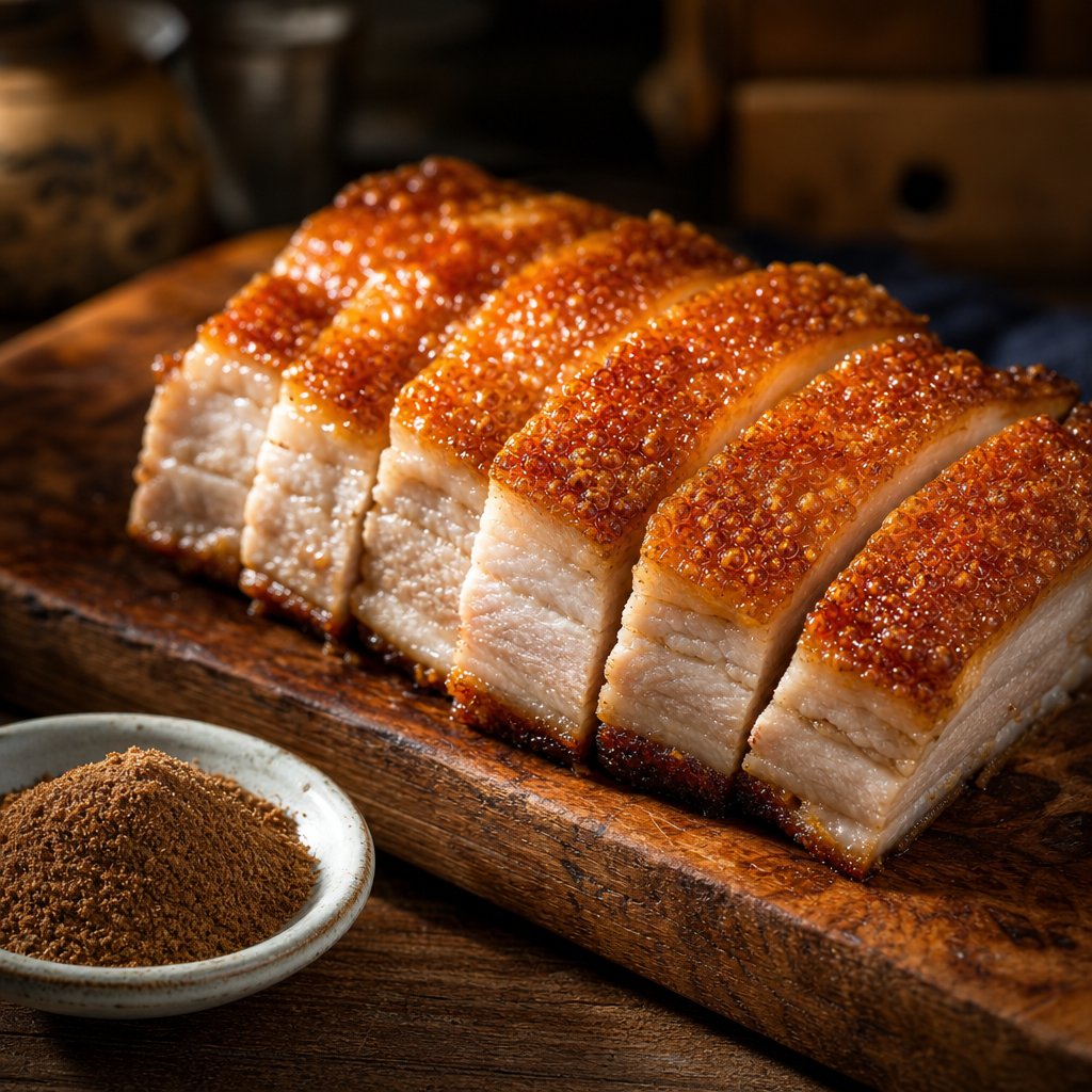 crispy roast pork belly seasoned with chinese five spice powder one of the blend's most classic applications