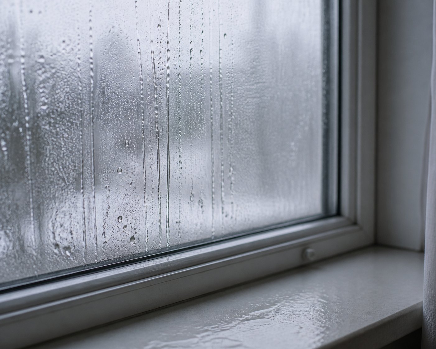condensation forms on cold window surfaces when warm humid indoor air reaches its dew point