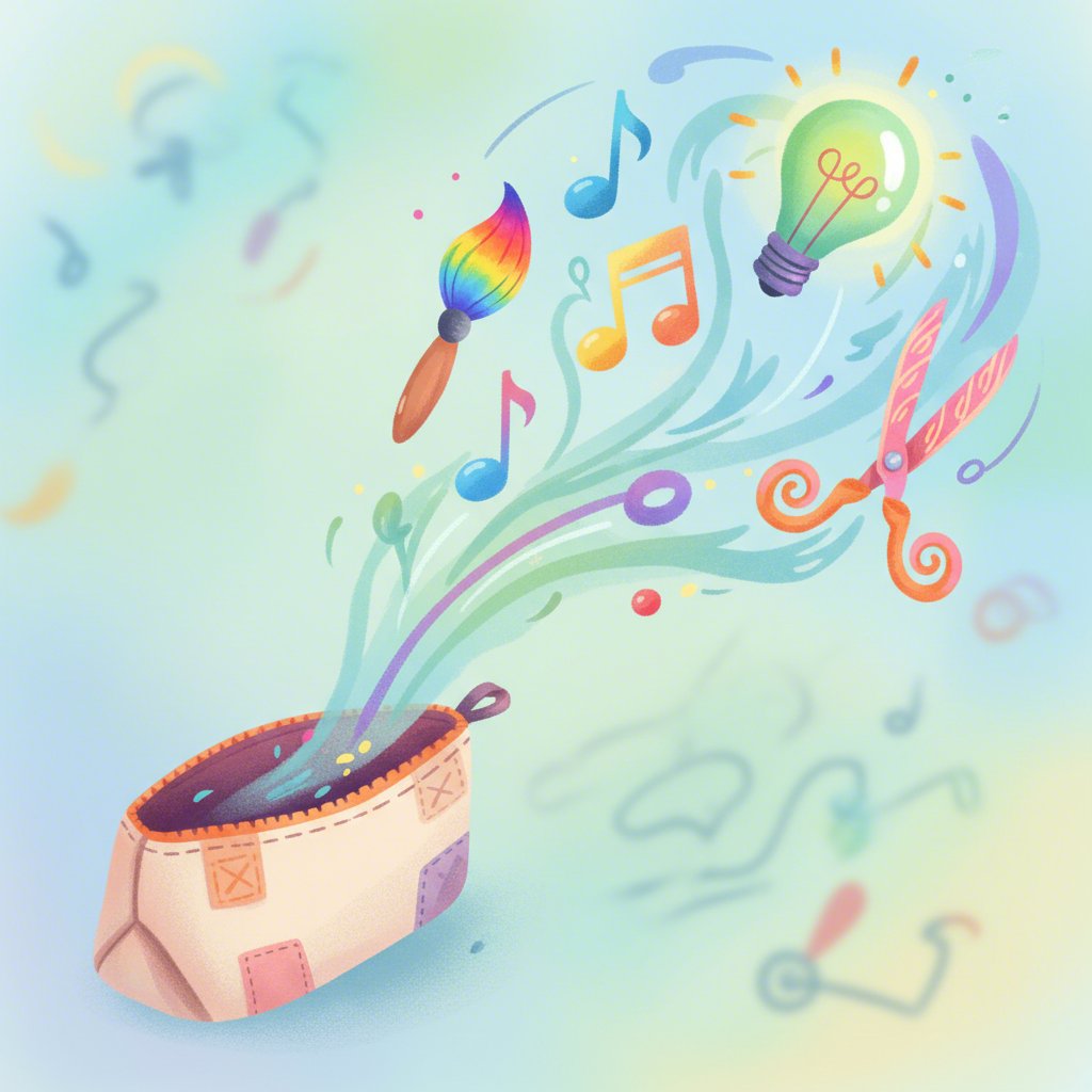 conceptual art representing a pencil case as a source of creative hobby supplies